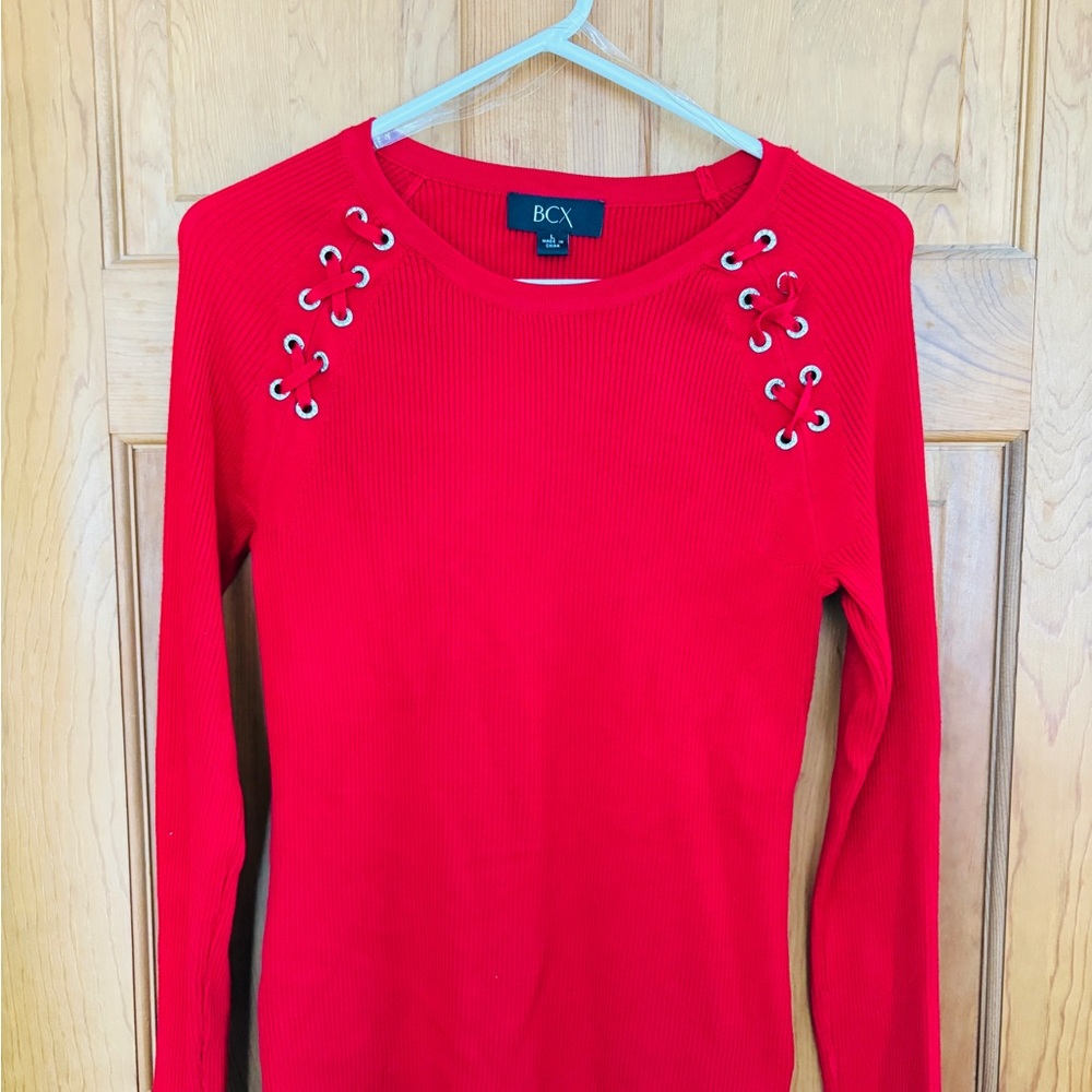 BCX Women's Vibrant Red Lace-Up Long Sleeve Top